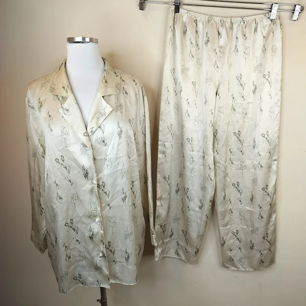 Womens Floral Satin Pajama Set Large Sleepwear Olive Green Shirt Pants